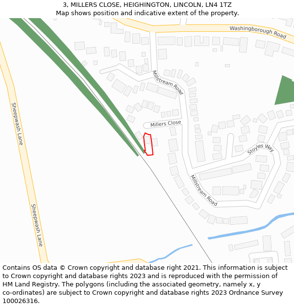 3, MILLERS CLOSE, HEIGHINGTON, LINCOLN, LN4 1TZ: Location map and indicative extent of plot