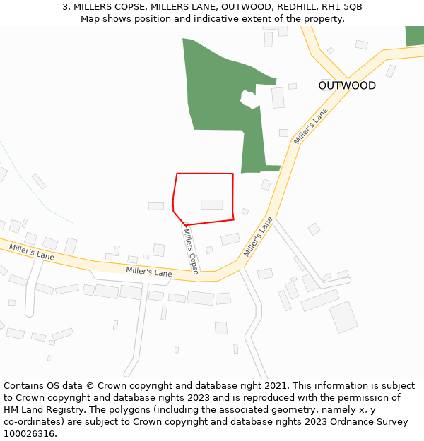 3, MILLERS COPSE, MILLERS LANE, OUTWOOD, REDHILL, RH1 5QB: Location map and indicative extent of plot