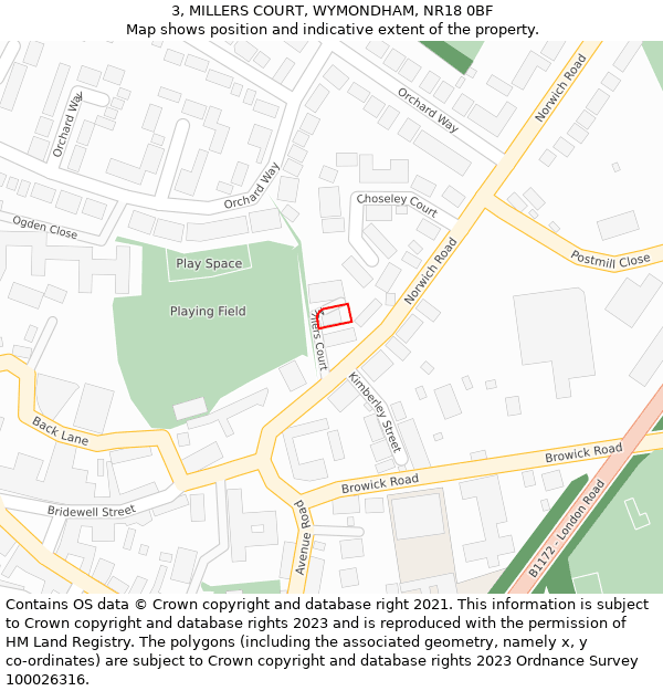 3, MILLERS COURT, WYMONDHAM, NR18 0BF: Location map and indicative extent of plot