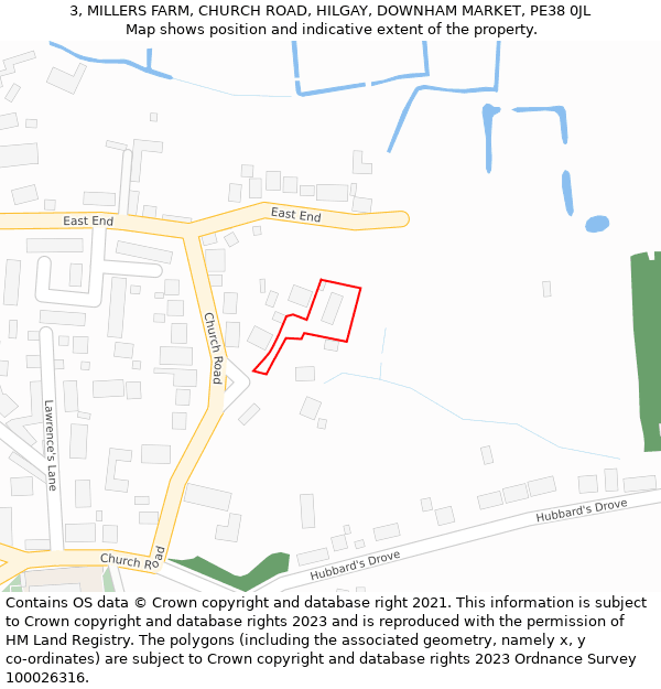 3, MILLERS FARM, CHURCH ROAD, HILGAY, DOWNHAM MARKET, PE38 0JL: Location map and indicative extent of plot