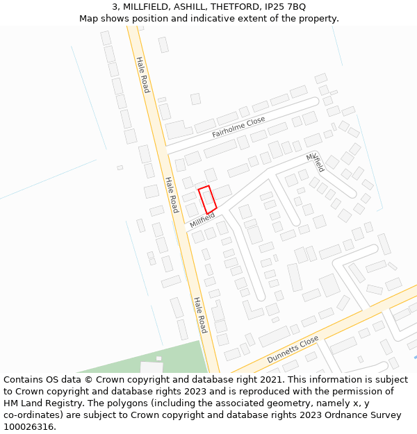 3, MILLFIELD, ASHILL, THETFORD, IP25 7BQ: Location map and indicative extent of plot