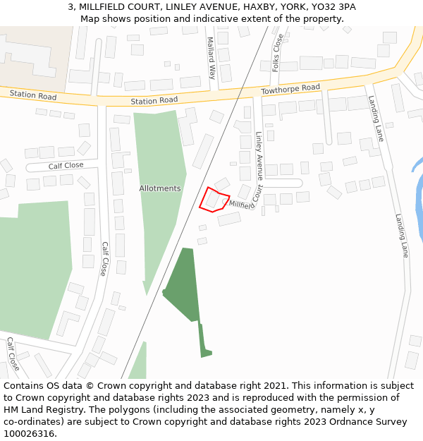 3, MILLFIELD COURT, LINLEY AVENUE, HAXBY, YORK, YO32 3PA: Location map and indicative extent of plot