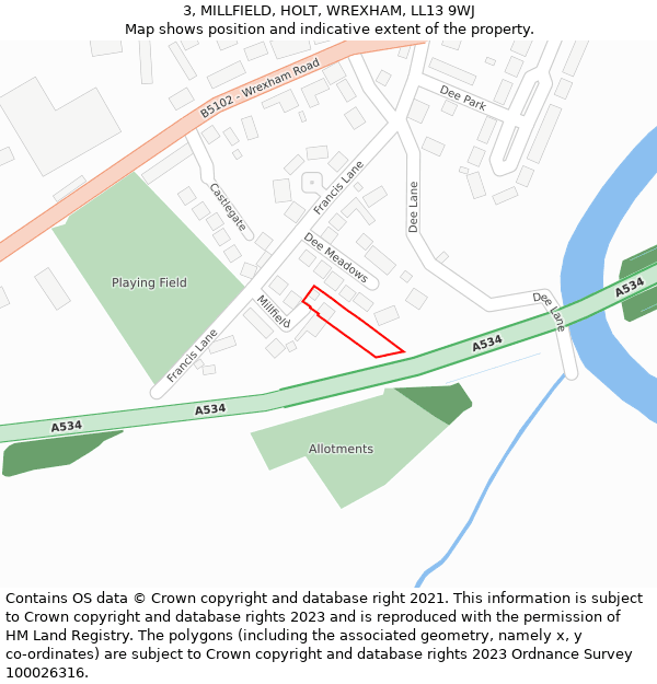 3, MILLFIELD, HOLT, WREXHAM, LL13 9WJ: Location map and indicative extent of plot