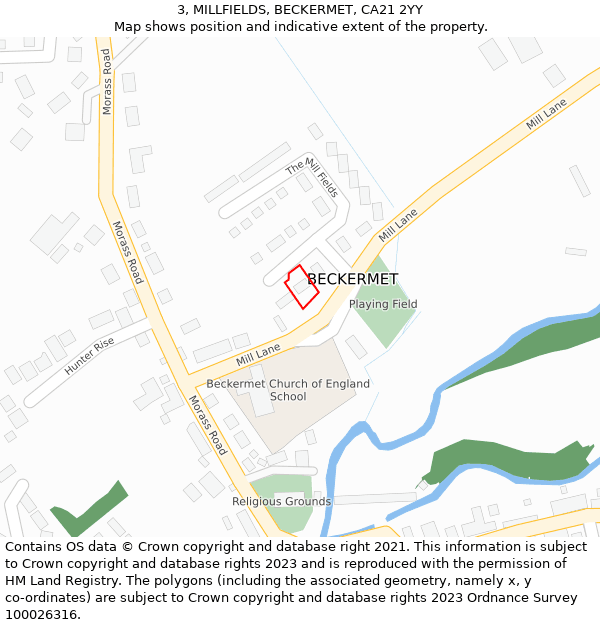 3, MILLFIELDS, BECKERMET, CA21 2YY: Location map and indicative extent of plot