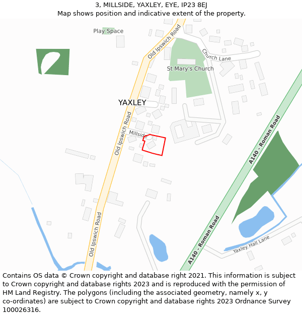 3, MILLSIDE, YAXLEY, EYE, IP23 8EJ: Location map and indicative extent of plot