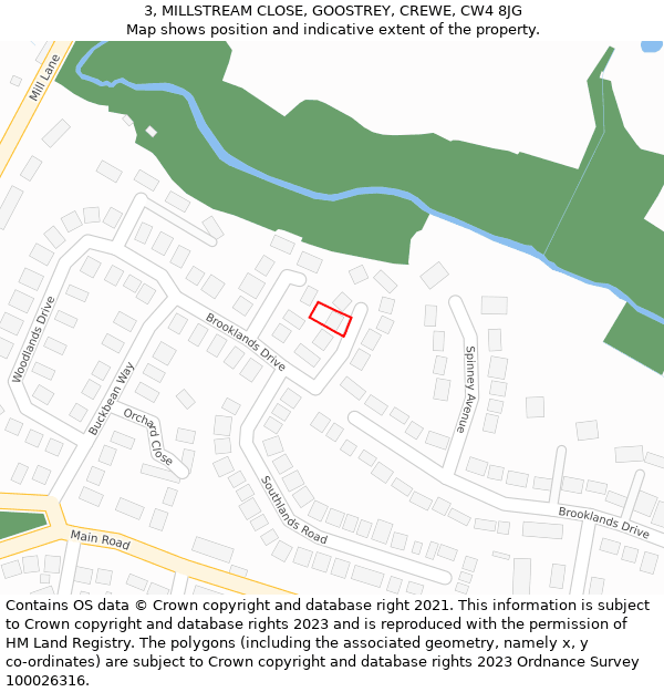 3, MILLSTREAM CLOSE, GOOSTREY, CREWE, CW4 8JG: Location map and indicative extent of plot