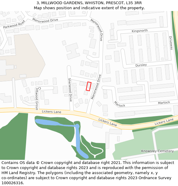3, MILLWOOD GARDENS, WHISTON, PRESCOT, L35 3RR: Location map and indicative extent of plot