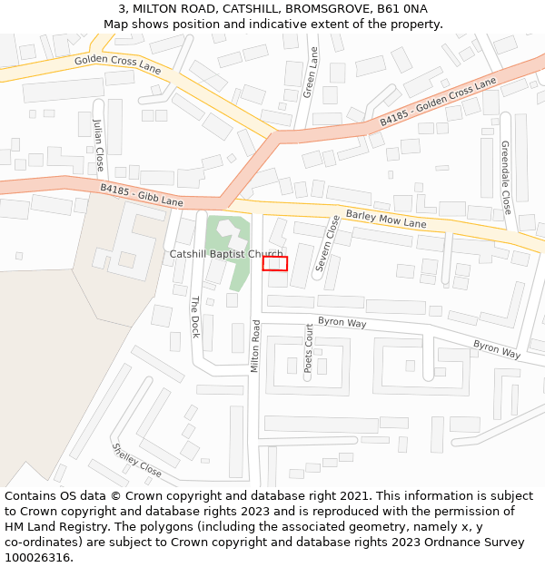 3, MILTON ROAD, CATSHILL, BROMSGROVE, B61 0NA: Location map and indicative extent of plot