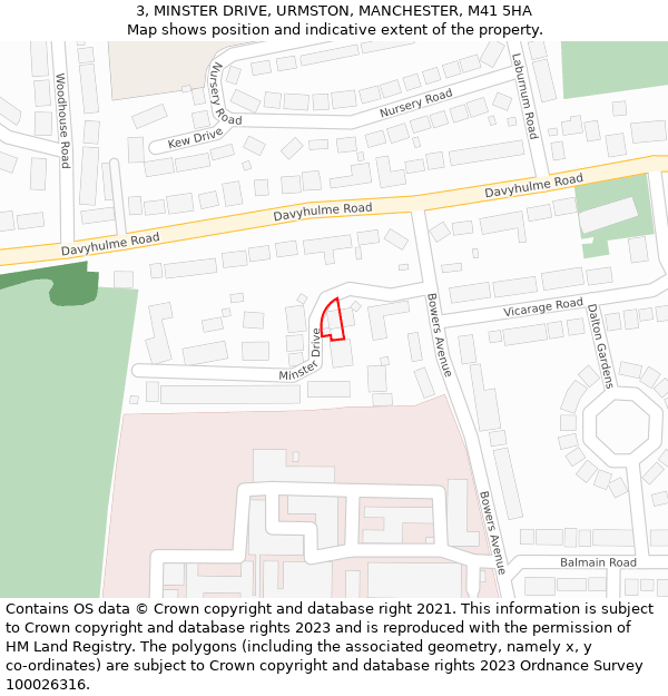 3, MINSTER DRIVE, URMSTON, MANCHESTER, M41 5HA: Location map and indicative extent of plot