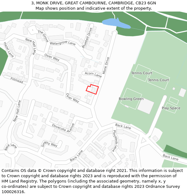 3, MONK DRIVE, GREAT CAMBOURNE, CAMBRIDGE, CB23 6GN: Location map and indicative extent of plot