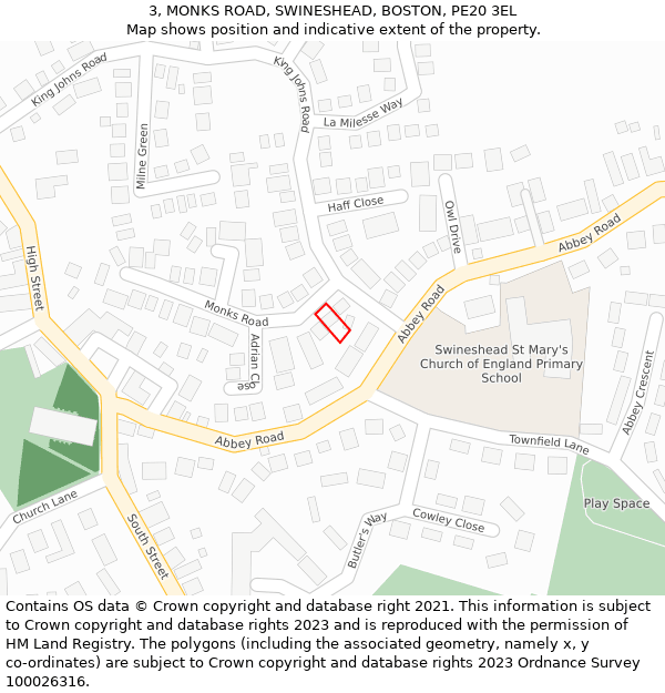 3, MONKS ROAD, SWINESHEAD, BOSTON, PE20 3EL: Location map and indicative extent of plot