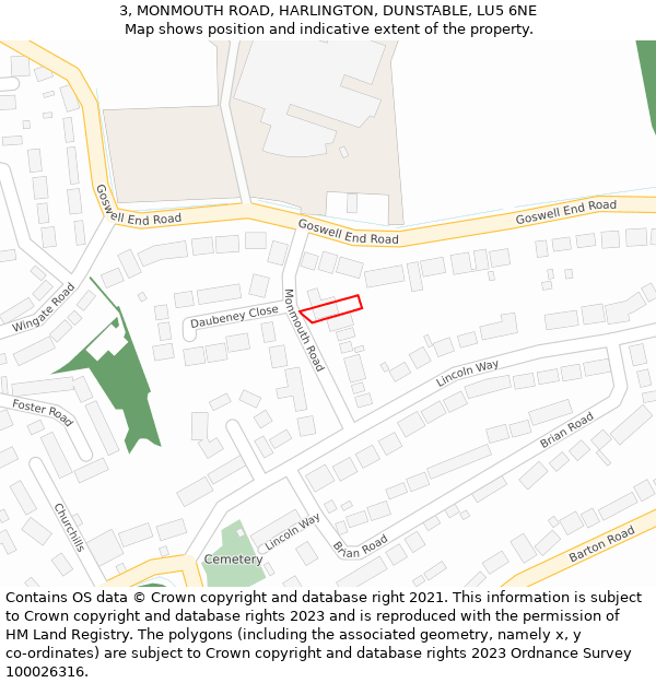 3, MONMOUTH ROAD, HARLINGTON, DUNSTABLE, LU5 6NE: Location map and indicative extent of plot