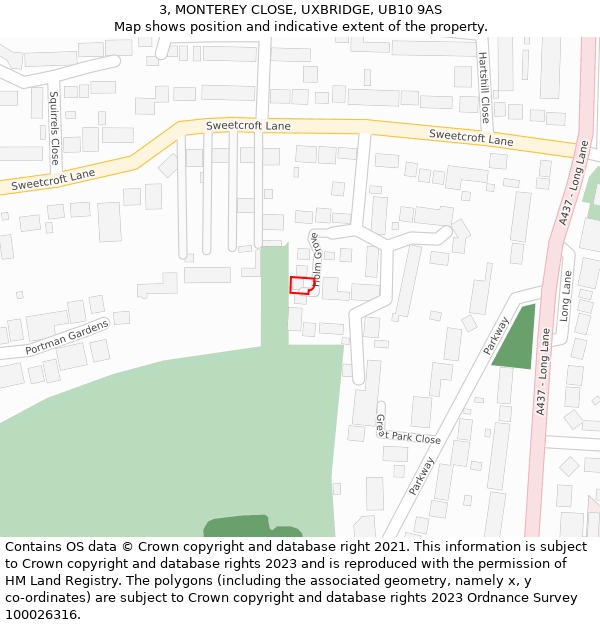 3, MONTEREY CLOSE, UXBRIDGE, UB10 9AS: Location map and indicative extent of plot