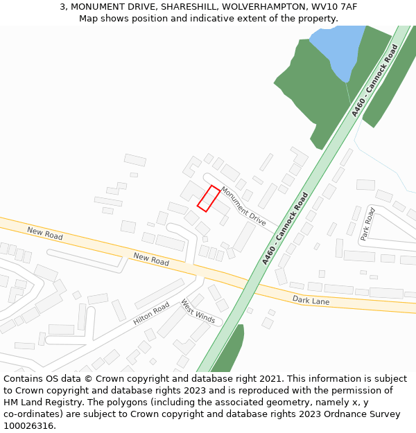 3, MONUMENT DRIVE, SHARESHILL, WOLVERHAMPTON, WV10 7AF: Location map and indicative extent of plot