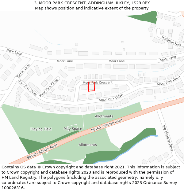 3, MOOR PARK CRESCENT, ADDINGHAM, ILKLEY, LS29 0PX: Location map and indicative extent of plot