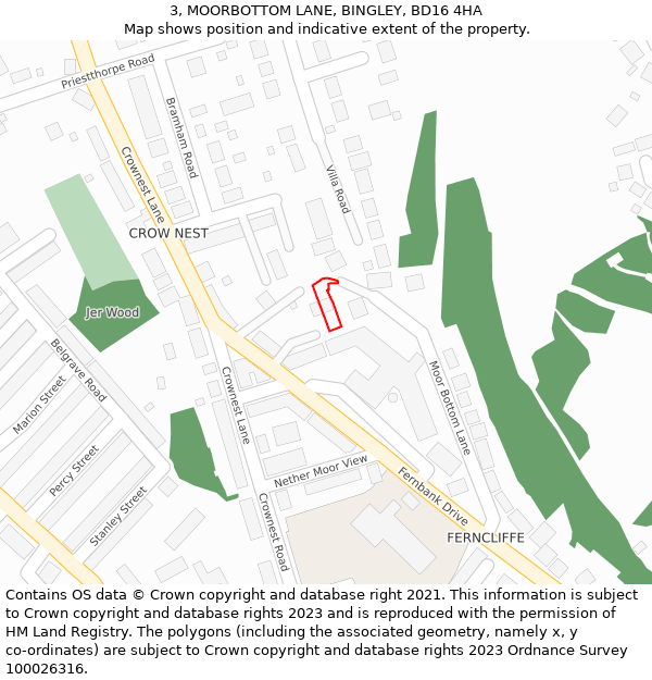 3, MOORBOTTOM LANE, BINGLEY, BD16 4HA: Location map and indicative extent of plot