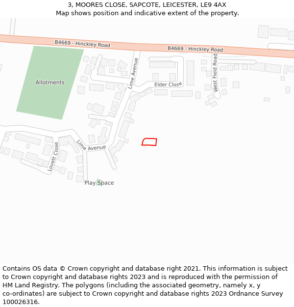 3, MOORES CLOSE, SAPCOTE, LEICESTER, LE9 4AX: Location map and indicative extent of plot