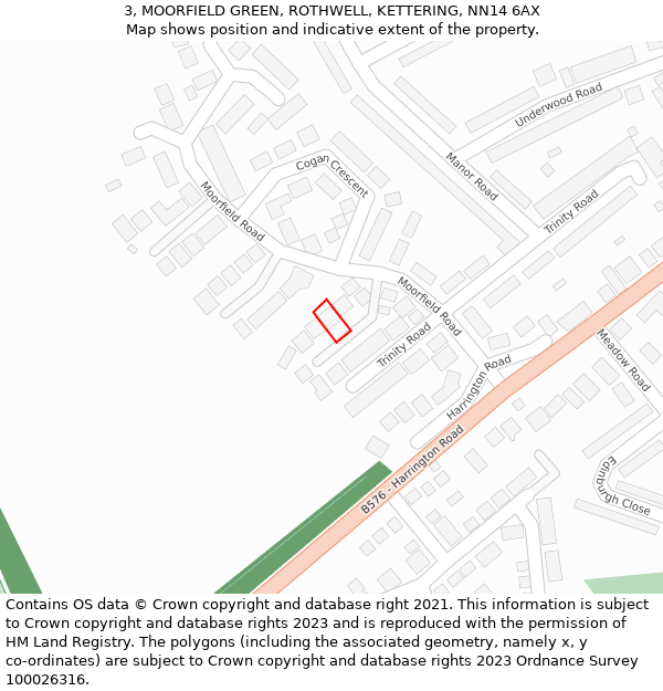 3, MOORFIELD GREEN, ROTHWELL, KETTERING, NN14 6AX: Location map and indicative extent of plot