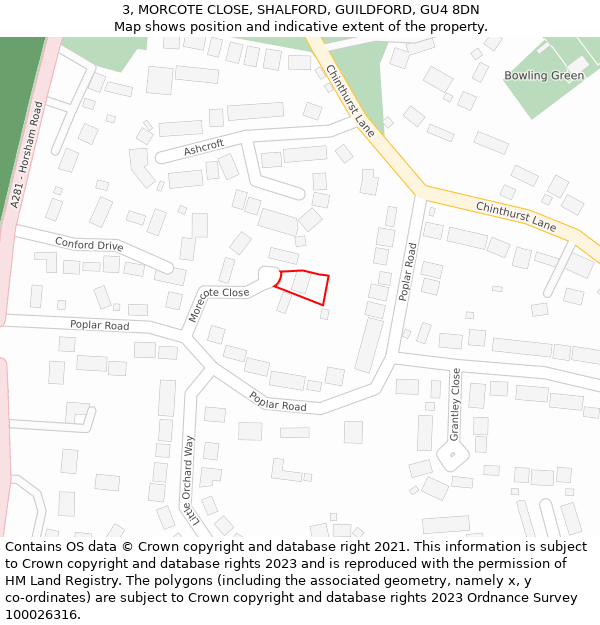 3, MORCOTE CLOSE, SHALFORD, GUILDFORD, GU4 8DN: Location map and indicative extent of plot