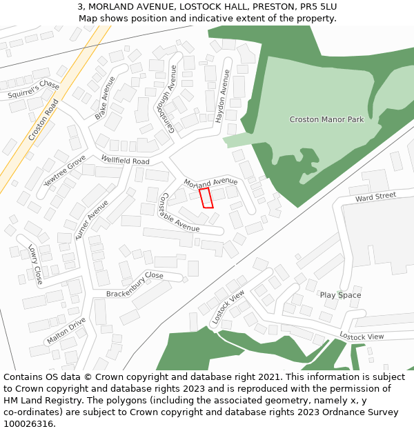 3, MORLAND AVENUE, LOSTOCK HALL, PRESTON, PR5 5LU: Location map and indicative extent of plot