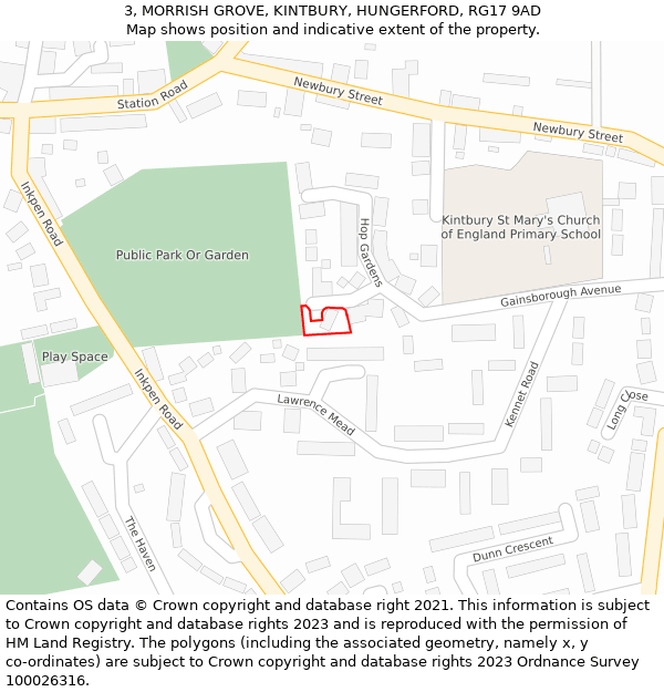 3, MORRISH GROVE, KINTBURY, HUNGERFORD, RG17 9AD: Location map and indicative extent of plot