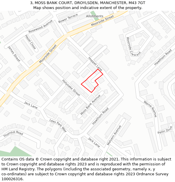 3, MOSS BANK COURT, DROYLSDEN, MANCHESTER, M43 7GT: Location map and indicative extent of plot