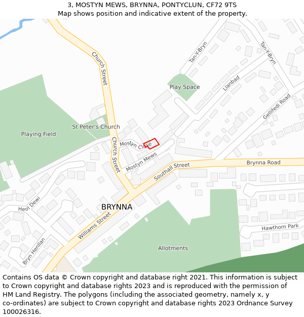 3, MOSTYN MEWS, BRYNNA, PONTYCLUN, CF72 9TS: Location map and indicative extent of plot