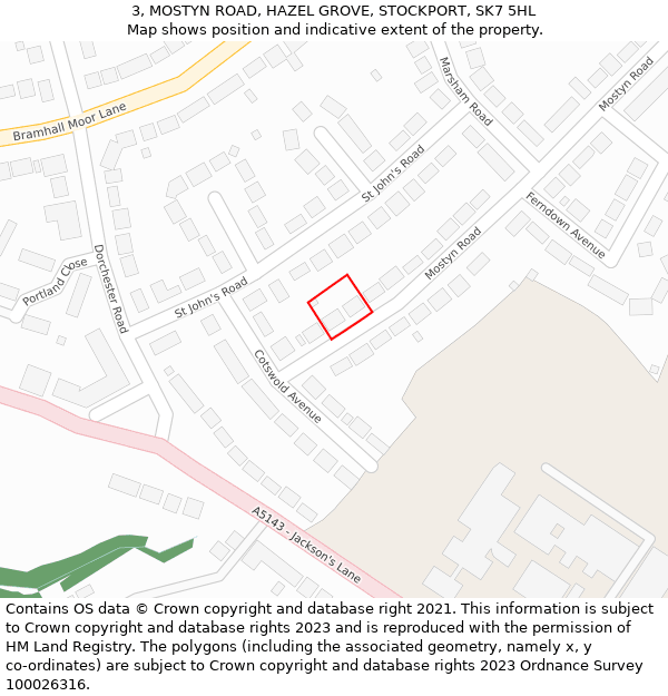 3, MOSTYN ROAD, HAZEL GROVE, STOCKPORT, SK7 5HL: Location map and indicative extent of plot