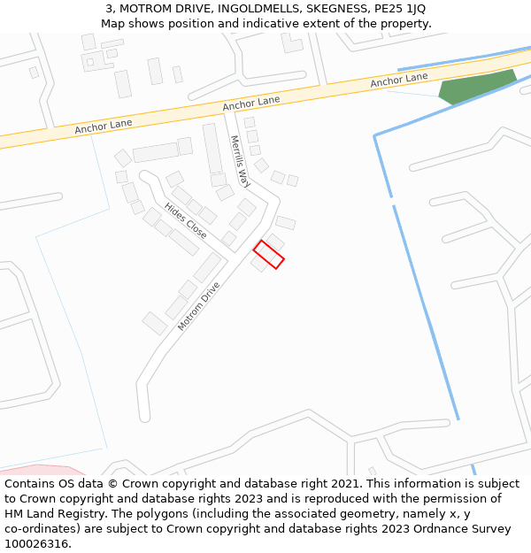 3, MOTROM DRIVE, INGOLDMELLS, SKEGNESS, PE25 1JQ: Location map and indicative extent of plot