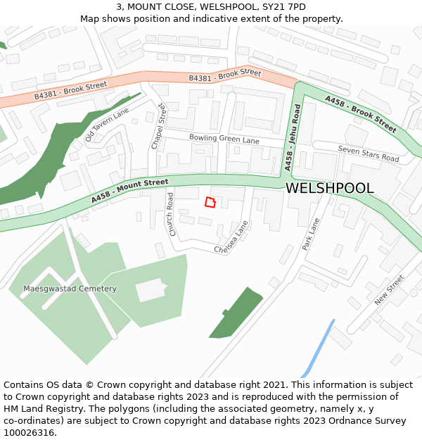 3, MOUNT CLOSE, WELSHPOOL, SY21 7PD: Location map and indicative extent of plot