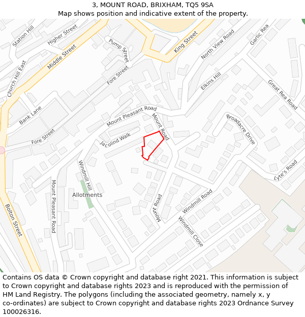 3, MOUNT ROAD, BRIXHAM, TQ5 9SA: Location map and indicative extent of plot