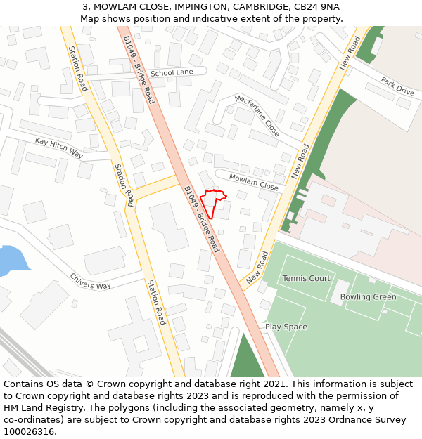 3, MOWLAM CLOSE, IMPINGTON, CAMBRIDGE, CB24 9NA: Location map and indicative extent of plot