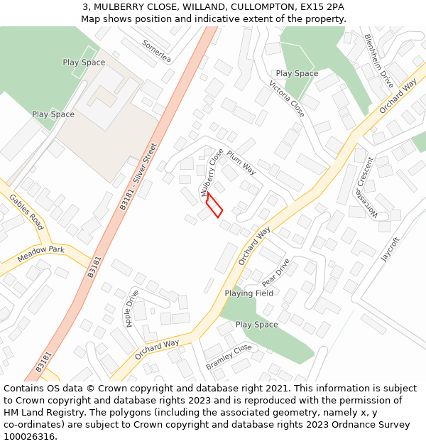 3, MULBERRY CLOSE, WILLAND, CULLOMPTON, EX15 2PA: Location map and indicative extent of plot