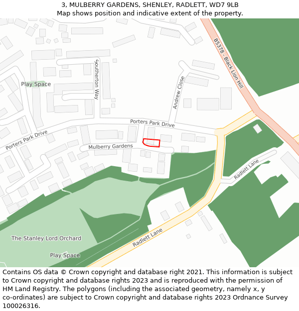 3, MULBERRY GARDENS, SHENLEY, RADLETT, WD7 9LB: Location map and indicative extent of plot