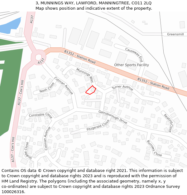 3, MUNNINGS WAY, LAWFORD, MANNINGTREE, CO11 2LQ: Location map and indicative extent of plot