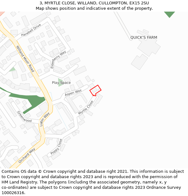 3, MYRTLE CLOSE, WILLAND, CULLOMPTON, EX15 2SU: Location map and indicative extent of plot