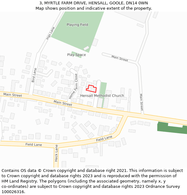3, MYRTLE FARM DRIVE, HENSALL, GOOLE, DN14 0WN: Location map and indicative extent of plot