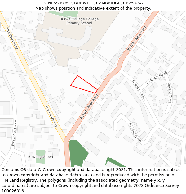 3, NESS ROAD, BURWELL, CAMBRIDGE, CB25 0AA: Location map and indicative extent of plot