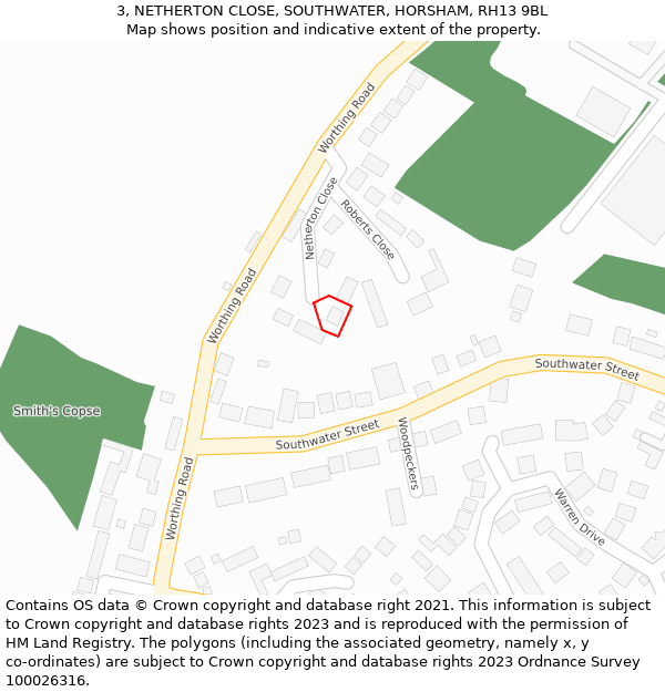 3, NETHERTON CLOSE, SOUTHWATER, HORSHAM, RH13 9BL: Location map and indicative extent of plot