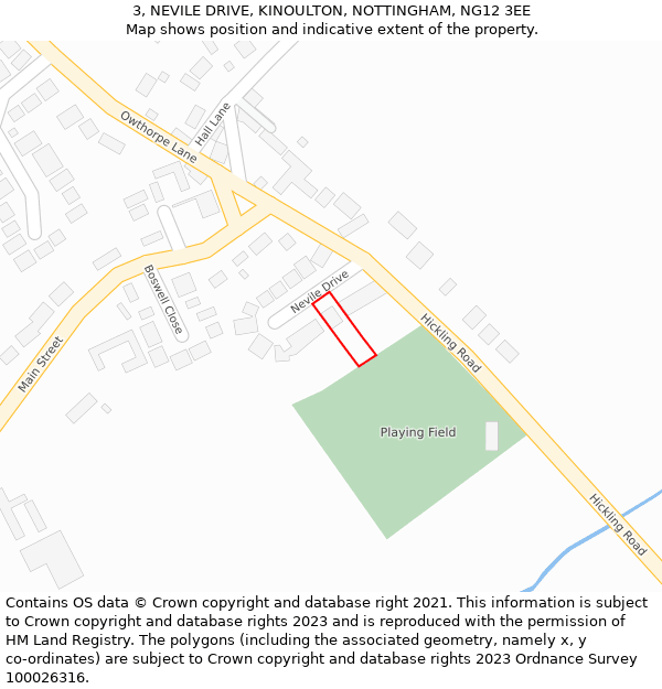 3, NEVILE DRIVE, KINOULTON, NOTTINGHAM, NG12 3EE: Location map and indicative extent of plot