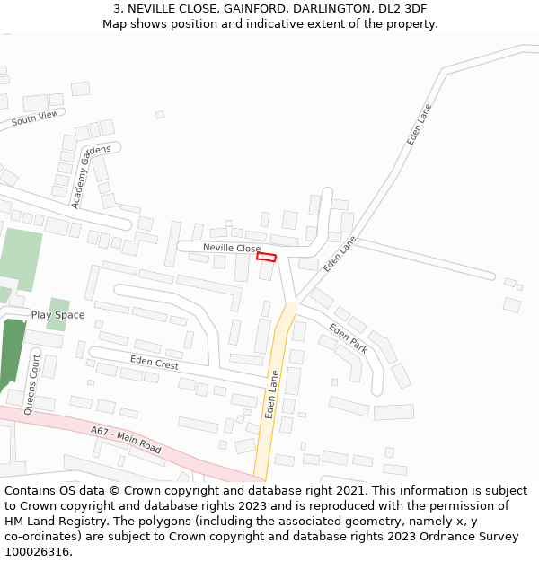 3, NEVILLE CLOSE, GAINFORD, DARLINGTON, DL2 3DF: Location map and indicative extent of plot