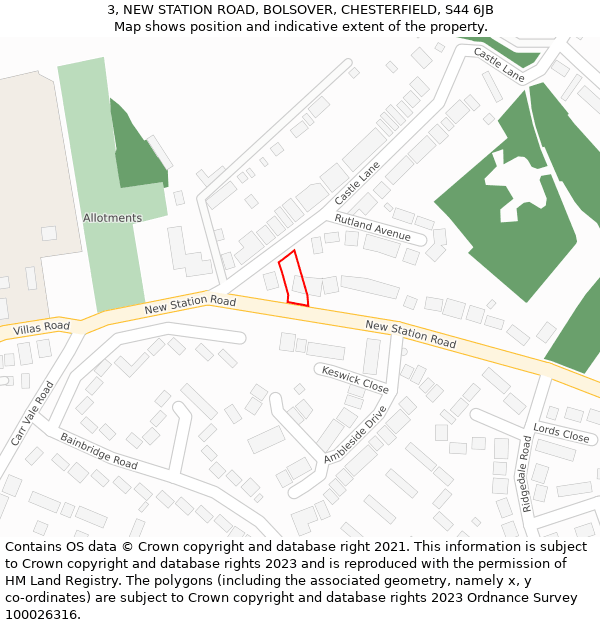 3, NEW STATION ROAD, BOLSOVER, CHESTERFIELD, S44 6JB: Location map and indicative extent of plot