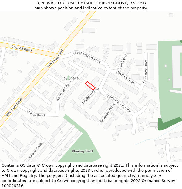 3, NEWBURY CLOSE, CATSHILL, BROMSGROVE, B61 0SB: Location map and indicative extent of plot