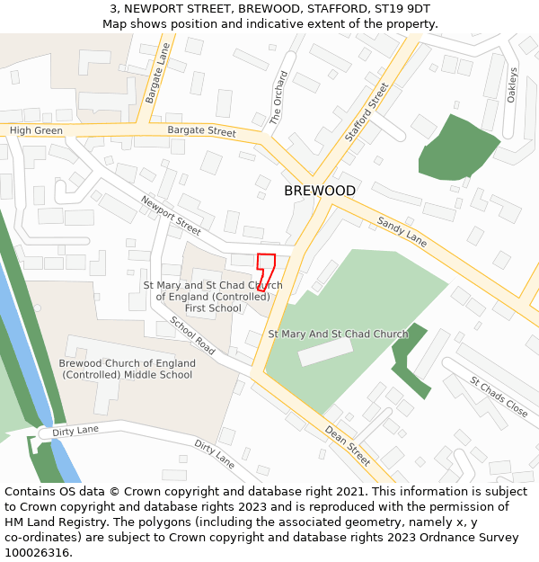 3, NEWPORT STREET, BREWOOD, STAFFORD, ST19 9DT: Location map and indicative extent of plot