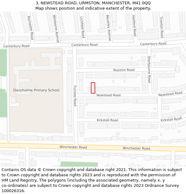 3, NEWSTEAD ROAD, URMSTON, MANCHESTER, M41 0QQ: Location map and indicative extent of plot