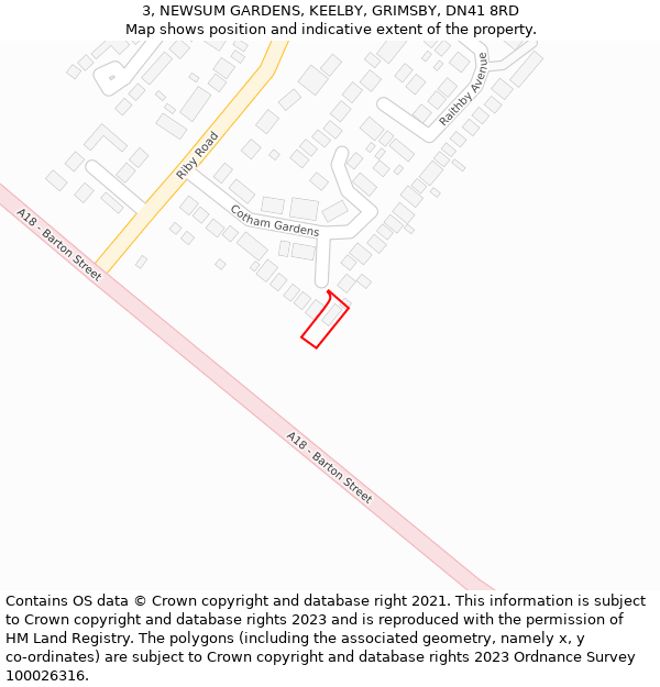 3, NEWSUM GARDENS, KEELBY, GRIMSBY, DN41 8RD: Location map and indicative extent of plot