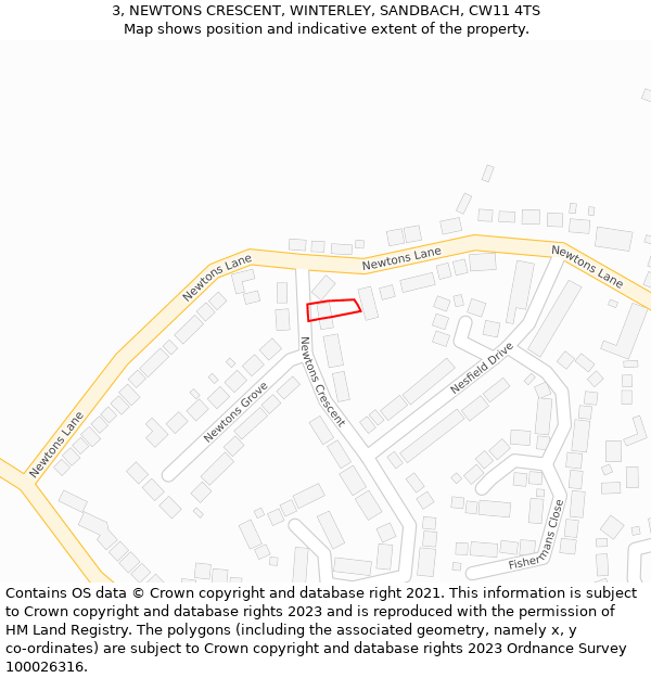 3, NEWTONS CRESCENT, WINTERLEY, SANDBACH, CW11 4TS: Location map and indicative extent of plot