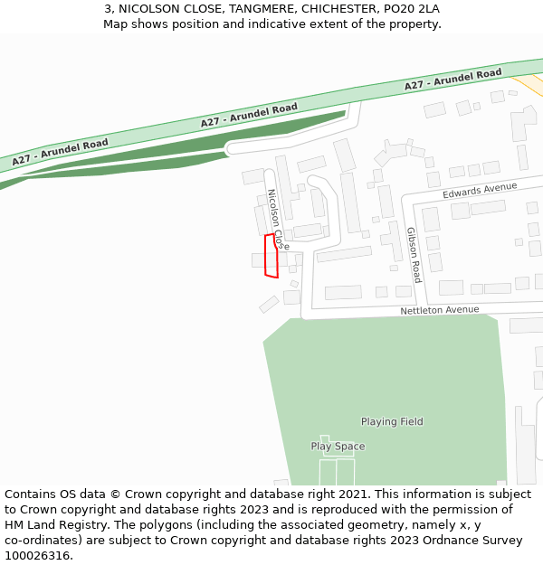 3, NICOLSON CLOSE, TANGMERE, CHICHESTER, PO20 2LA: Location map and indicative extent of plot