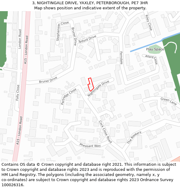 3, NIGHTINGALE DRIVE, YAXLEY, PETERBOROUGH, PE7 3HR: Location map and indicative extent of plot