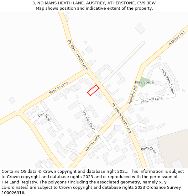 3, NO MANS HEATH LANE, AUSTREY, ATHERSTONE, CV9 3EW: Location map and indicative extent of plot